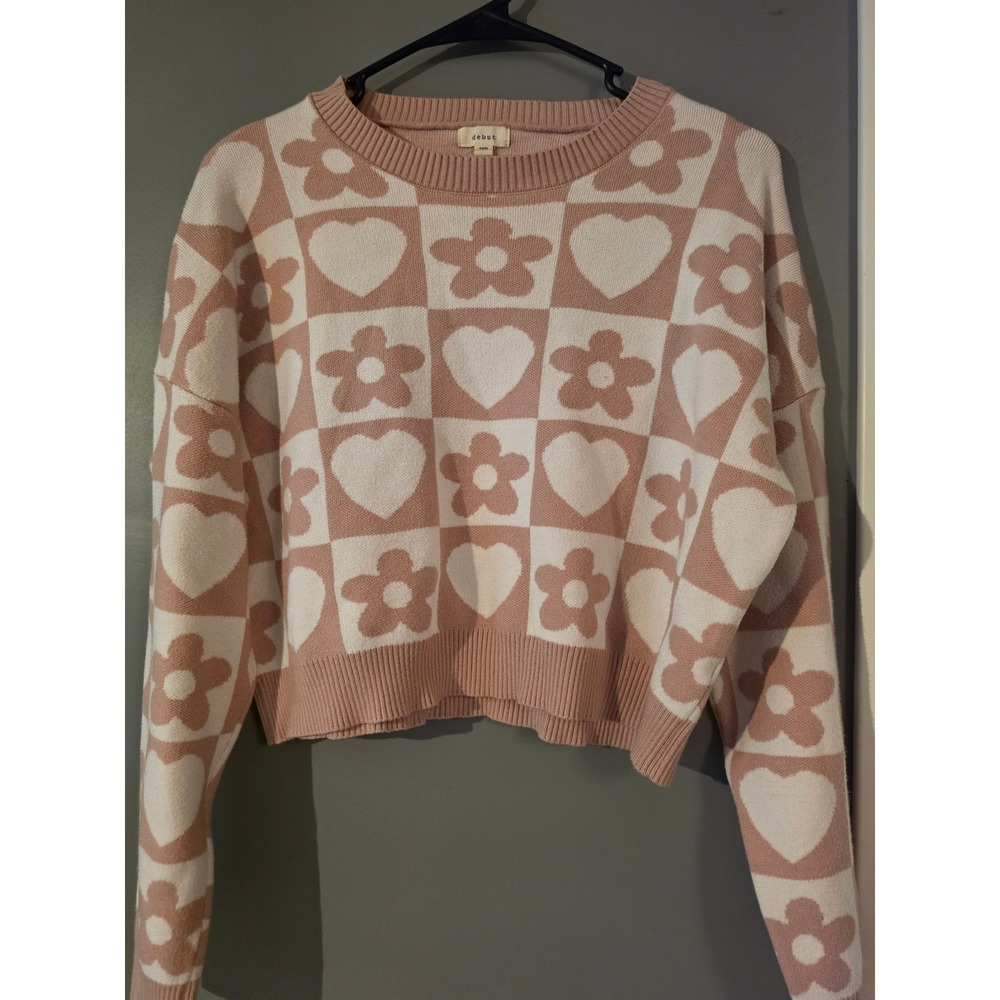 Debut Pink Checkered Heart Flower Cropped Sweater Small Y2K Retro Knit Pullover